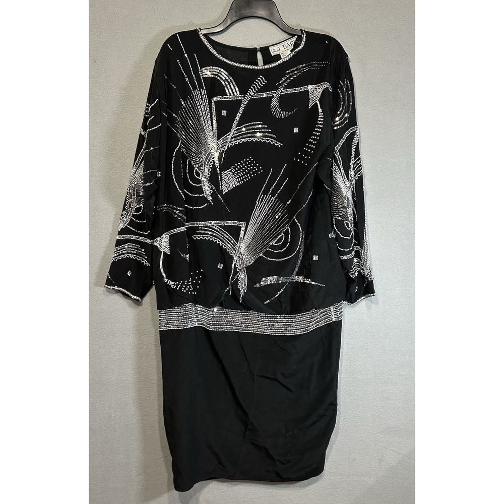 A.J. BARI‎ Vintage Silk Beaded Black Silver Long Sleeve Dress Coquette Size 14